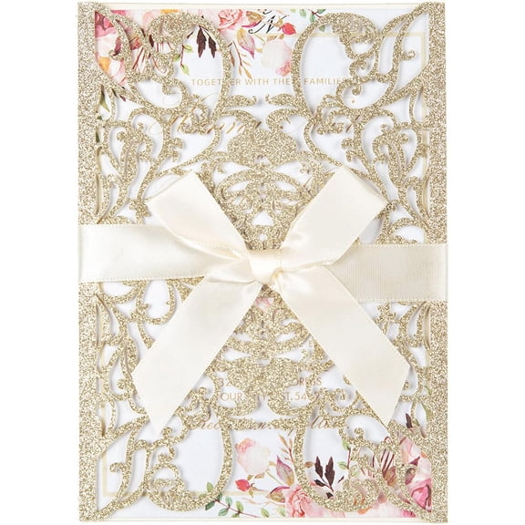 50pcs Gold Glitter Laser Cut Invitation Pocket Blank Wedding Invitations with Envelopes And Rsvp Cards Ribbons for Wedding Quinceanera Bridal Shower Engagement Party Invite