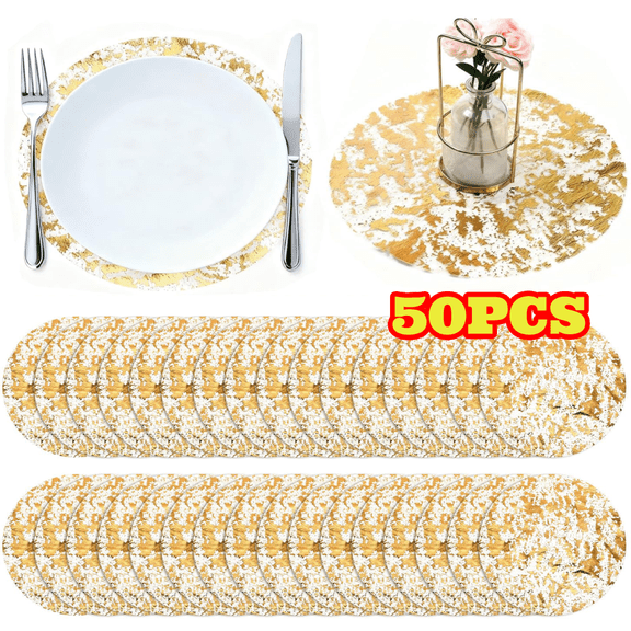 50pcs Gold Placemats Disposable, 13 inch Round Metallic Table Runner, Pressed Table Doilies for Wedding Birthday Party Dining Decor