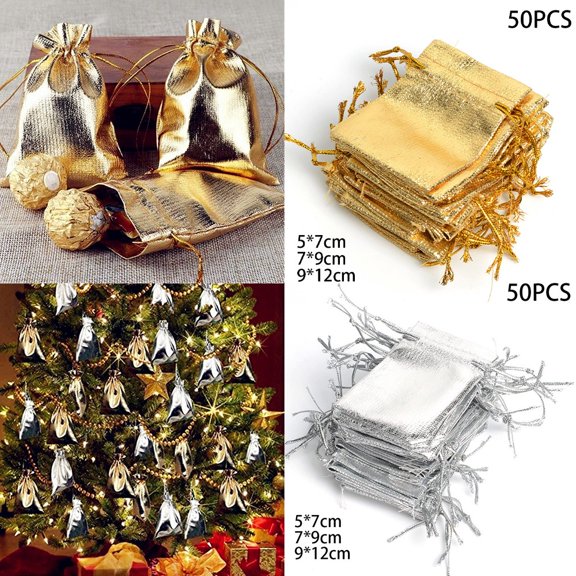 50pcs Gold Silver Organza Bag Jewelry Packaging Bag Wedding Party Favour Candy Bags Favor Pouches Drawstring Gift-Bags Gold 9*12cm Smile Home