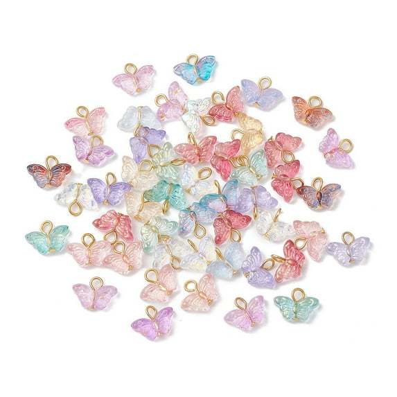 50pcs Golden Iron Flat Head Pins and Transparent Spray Painted Glass Beads Pendants Gradient color Butterfly Mixed color 11.5x15x4.5mm Hole: 3mm