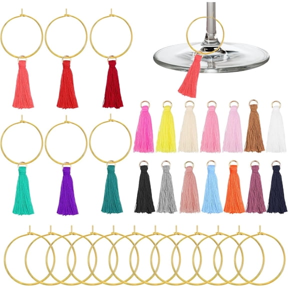 50pcs Golden Wine Glass Rings Markers with a Plastic Box and 40pcs Colorful Tassel Drink Charm Markers Tags for Holiday Birthday Wine Tasting Party Decoration Supplies