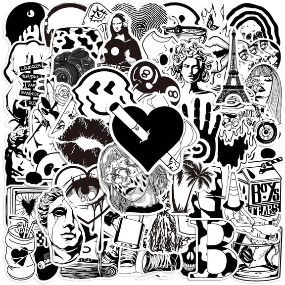 50pcs Gothic Stickers Pack, Black and White Skull Stickers for Water Bottle Laptop Luggage Skateboard Planner Scrapbooking, Waterproof Vinyl Horror Decals for Teens Adults (Black-B)