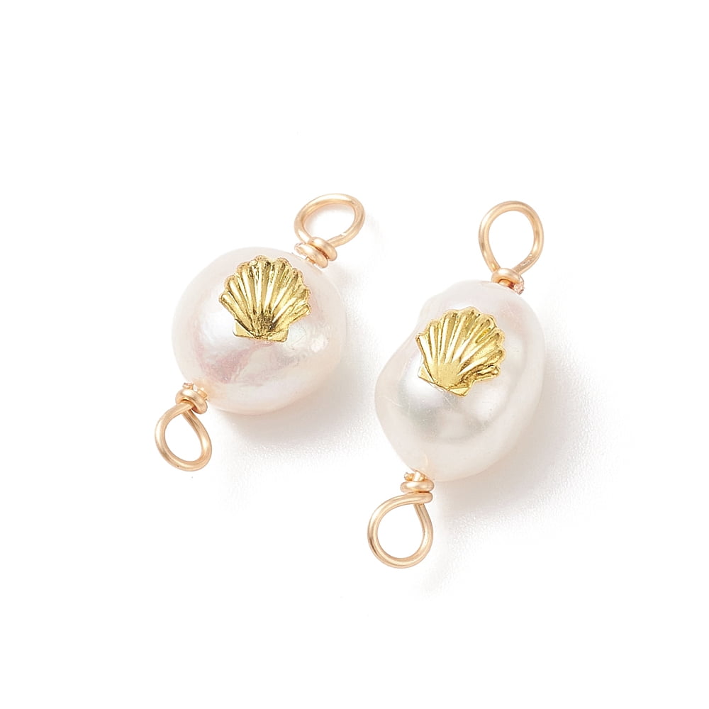 50pcs Grade AA Cultured Freshwater Pearl Connector with Golden Tone Alloy Slices Two Sides Polished with Copper Wire Double Loops Shell Pattern 20~21x8~9x6~8mm Hole: 2.5mm