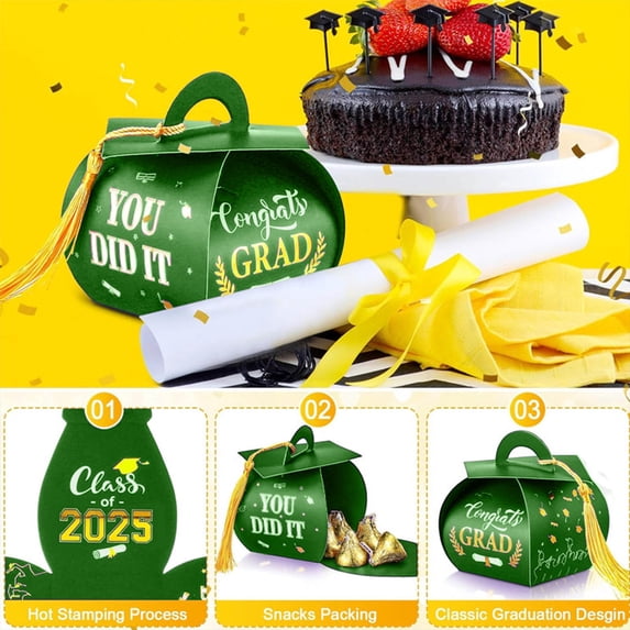 50pcs Graduation Cap Shaped Candy Gift Boxes, Mini Festival Treat Container, Small Cardboard Box for Party Favors, Souvenirs, Graduation Celebrations, Gift Packaging and Holiday Storage, Green
