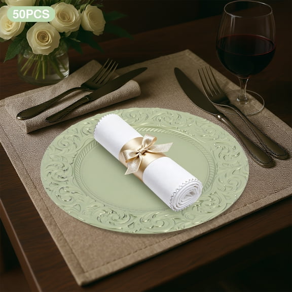 50pcs Green Plastic 36cm Western Dim Sum Plate Embossed Decorative Plate Round Saucer