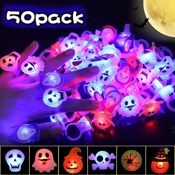 50pcs Halloween LED Rings, Halloween Party Favors Glow in the Dark Party Supplies, 15 Different types Halloween Light Up Rings Perfect for Trick or Treat Gifts and Halloween Favors