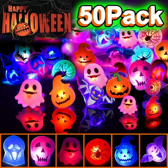 50pcs Halloween LED Rings, Halloween Party Favors Glow in the Dark Party Supplies, Halloween Light Up Rings Perfect for Trick or Treat Gifts and Halloween Favors