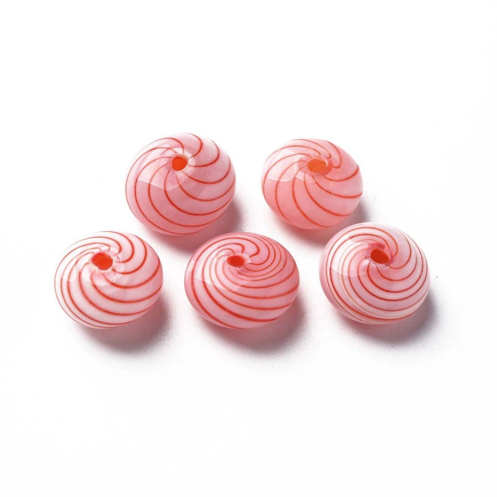 50pcs Handmade Blown Glass Globe Beads Stripe Pattern Flat Round Red 15~16x9~10mm Hole: 1~2mm