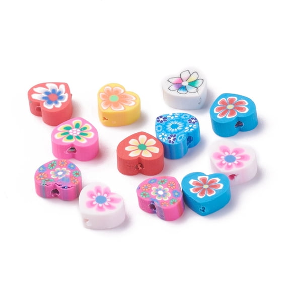 50pcs Handmade Polymer Clay Beads Heart with Flower Pattern Mixed color 7.5~10x8~10.5x4~5mm Hole: 1.5mm