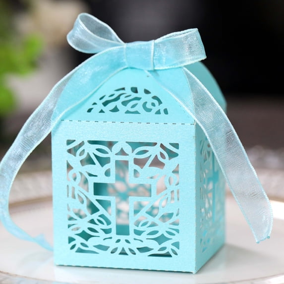 50pcs Hollow Wedding Candy Box, Ice White Pearlescent Candy Box, Wedding Cross Chocolate Carton