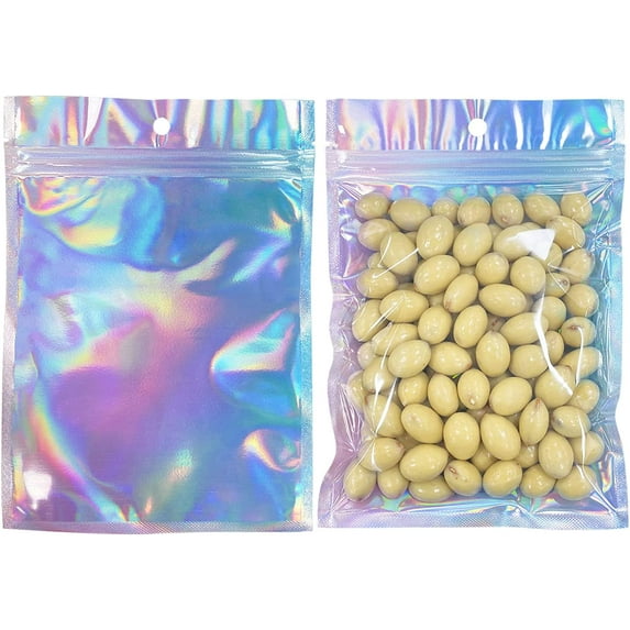 50pcs Holographic Foil Ziplock Bags 6x9 Inch, Small Mylar Sample Bags Aluminum Foil Packaging Plastic Ziplock Bag For Packaging Candy Jewelry Lash Lip Gloss