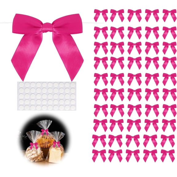 50pcs Hot Pink Twist Tie Bow, 3.5" Satin Ribbon Pre Tied Treat Bow