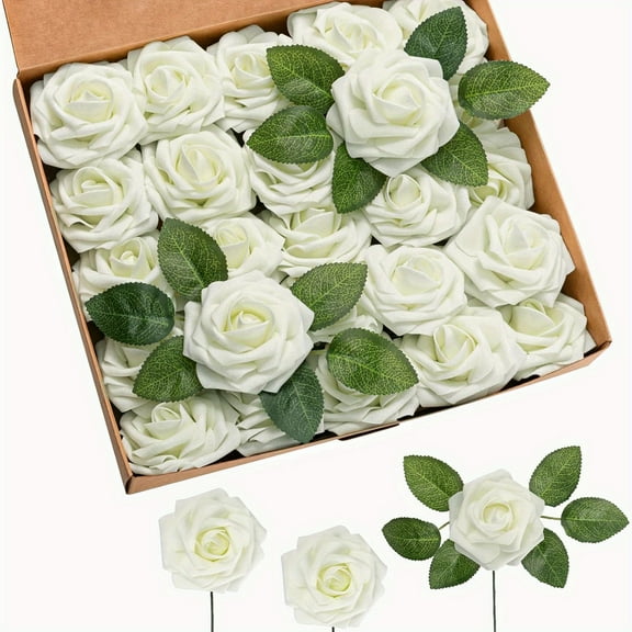 50pcs Ivory White Artificial Roses with Stems - Real Touch Foam Flowers for DIY Wedding Bouquets, Bridal Showers, Centerpieces & Home Decor