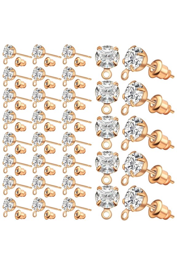 50pcs KC Golden Rhinestone Earring Studs Hypoallergenic Crystal Earring Posts with Loop and 50pcs Bullet Earring Stoppers Replacement for DIY Jewelry Making