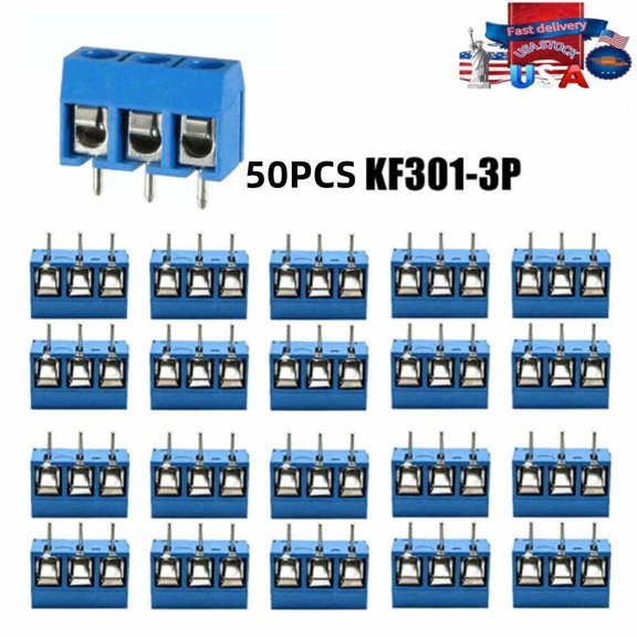 50pcs KF301-3P 3 Pin Screw blue PCB Terminal Block Connector 5mm Pitch