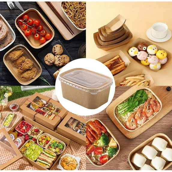 50pcs Kraft Paper Disposable Lunch Boxes with Lid, Take-out Fast Food Packaging for Home and Catering