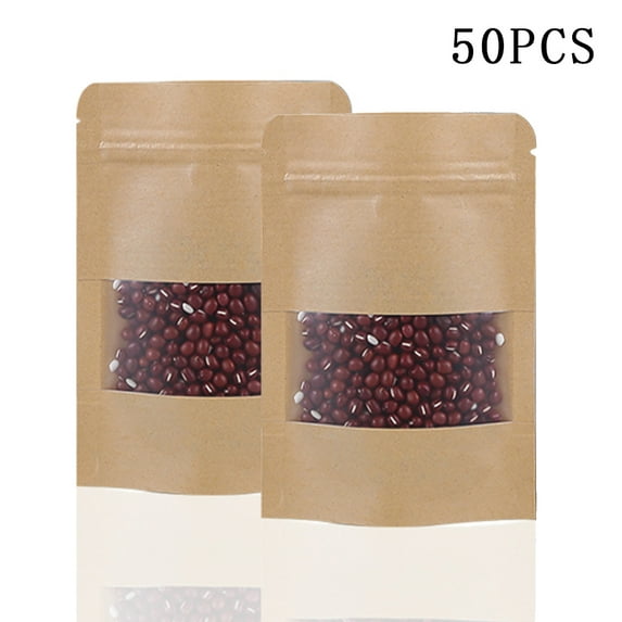 50pcs Kraft Paper Resealable Small Bag with Clear Window Package Self Seal Storage for Food Bag