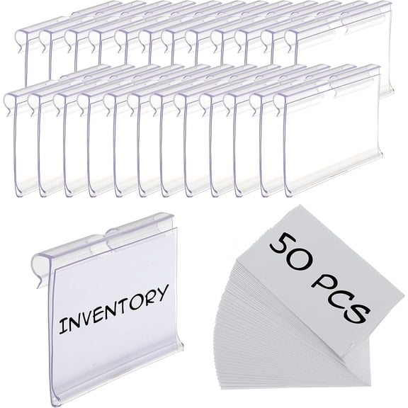 50pcs Labels for Storage Bins Plastic Label Clip, Basket Labels Clip On Wire Shelf Price Label Holder Merchandise Sign Display Holder, 50pcs Label Insert Included (1.96IN*1.65IN)