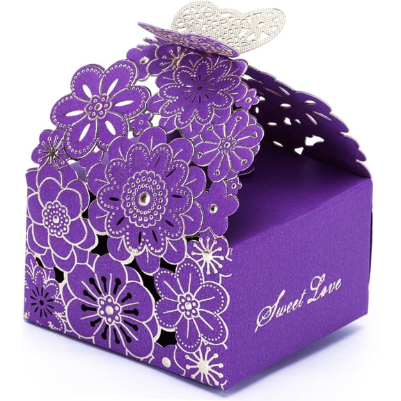 50pcs Laser Cut Favor Boxes, 2.6" x 2.6" x 1.6" Floral Favor Boxes, Party Favor Box for Bridal Shower Anniversary Wedding Party Favor, Pink (Gold Stamping Blue)