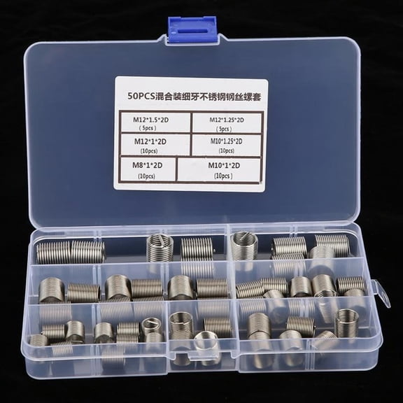 50pcs M8/M10/M12*2D Fine Threaded Insert Stainless Steel Coiled Wire Helical Screw Thread Insert Set Thread Repair Tool Fastener