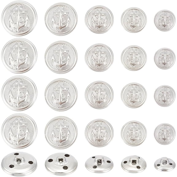 50pcs Metal Blazer Button Set 15mm 18mm 20mm 23mm 25mm Flat Round Brass Buttons Badge Anchor Pattern Vintage Shank Buttons with 3 Hole for Blazer Suits Coat Uniform and Jacket - Platinum Platinum