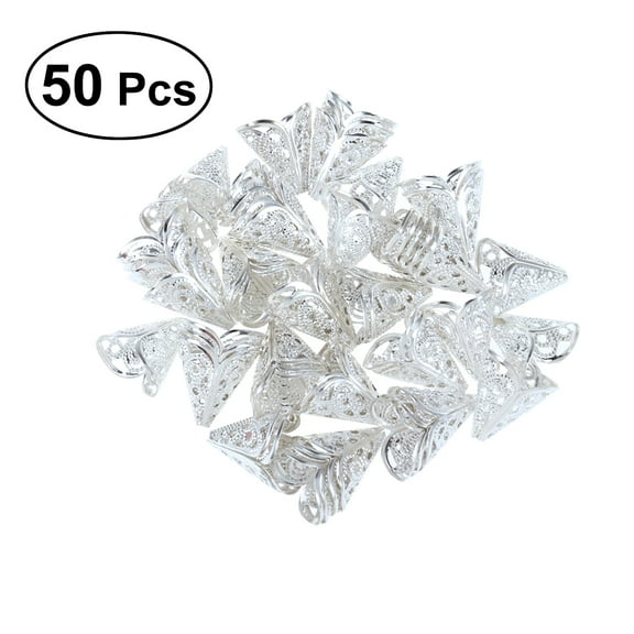 50pcs Metal Flower Filigree Bead Cones Jewelry End Caps Spacer Beads Jewelry Findings Charms for DIY Craft Bracelet Necklace Making 15x16mm ( Silver )
