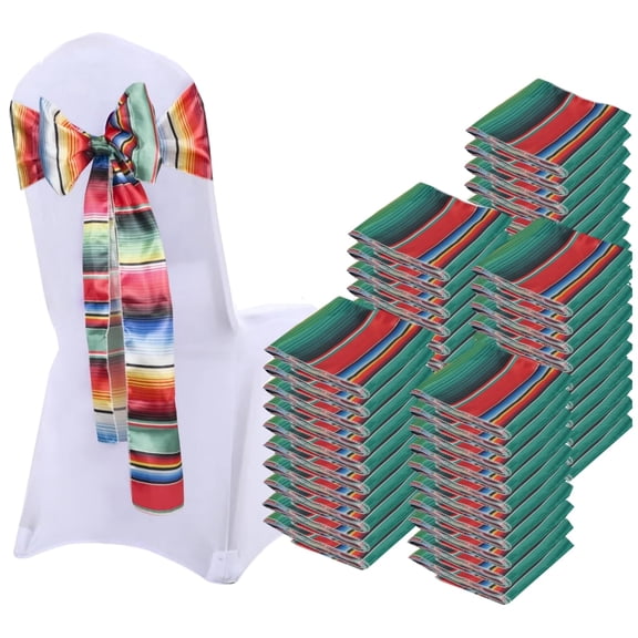 50pcs Mexican Theme Satin Chair Sashes Bows, 7X108 Inches Table Runners Cinco De Mayo, Serape Fringe for Fiesta Party Wedding Birthday Dining Hotel Chair Cover Decorations A101