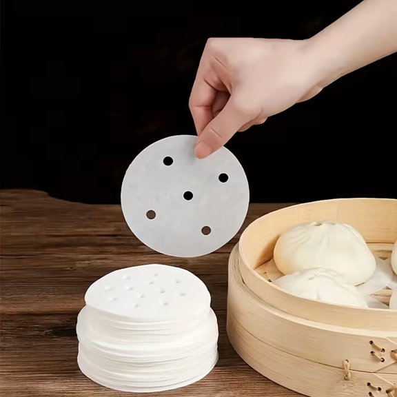50pcs Mini Bamboo Steamer Paper, Food-Grade Non-Stick Silicone Paper, Perforated Baking Paper for Dumplings & Buns, 10.16cm / 4in