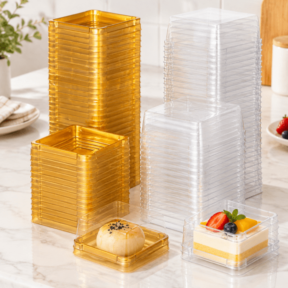 50pcs Mini Cake Box with Lids, 3inch Small Dessert Container Clear Plastic Cupcake Box Square Food Packing Holder Dessert Domes Ornaginzer for Baking Macarons, Muffins, Cake