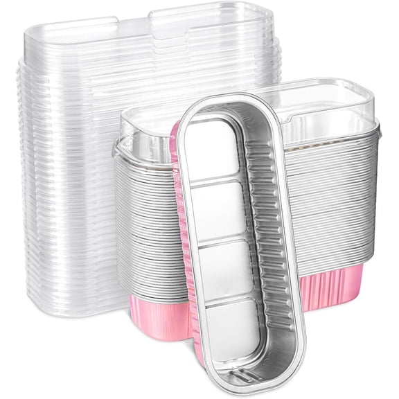 50pcs Mini Disposable Foil Rectangle Baking Cups 6.8 oz 6.5 x 2.6 x 2 Inch Aluminum Loaf Pans with Lids for Baking (Light Pink)