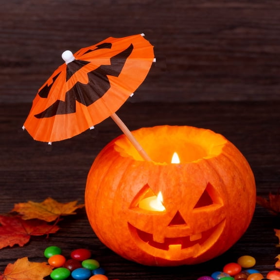 50pcs Mini Pumpkin Umbrella Halloween Cupcake Topper Set, Paper Parasol Dessert Pick, Party Baking Decor for Table, Holiday Spooky Layout
