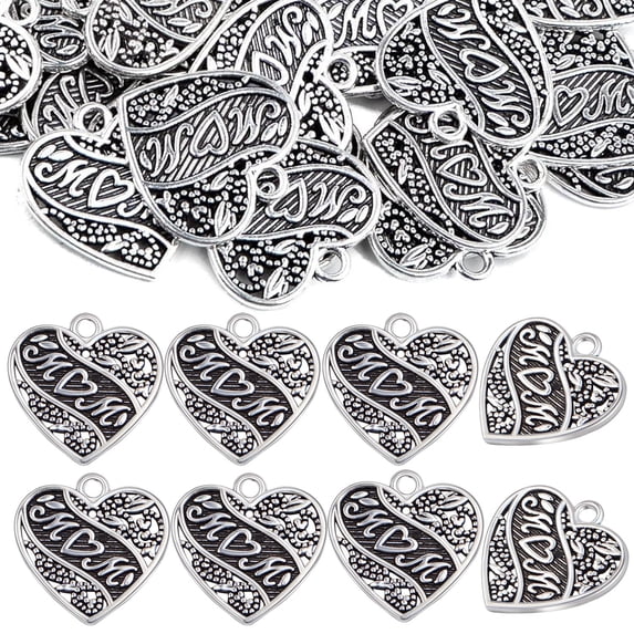 50pcs Mom Heart Pendant Charms Vintage Alloy Love Shaped with Word MOM Pendants Ornaments Craft Supplies for DIY Necklace Bracelet Jewelry Making,Antique Silver
