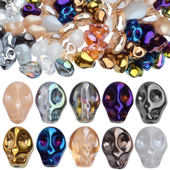 50pcs Multicolored Glass Skull Bead Jewelry Making Beads, 10x8x1.5mm