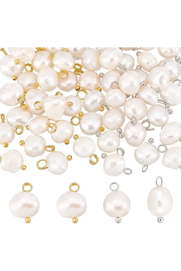 50pcs Natural Freshwater Pearl Charms Pearls Dangles Charms 13mm White Pearl Pendant Irregular Pearl with 2 Colors Loop Jewelry Connector for DIY Dangle Earring Necklace Bracelet Jewelry