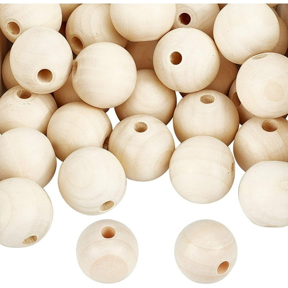 50pcs Natural Wooden Beads 30mm Unfinished Wood Beads Natural Large Hole Wooden Beads for Xmas Christmas Tree Wreath DIY Tassel Macrame Garland School Project Purse Strap, 7mm Hole