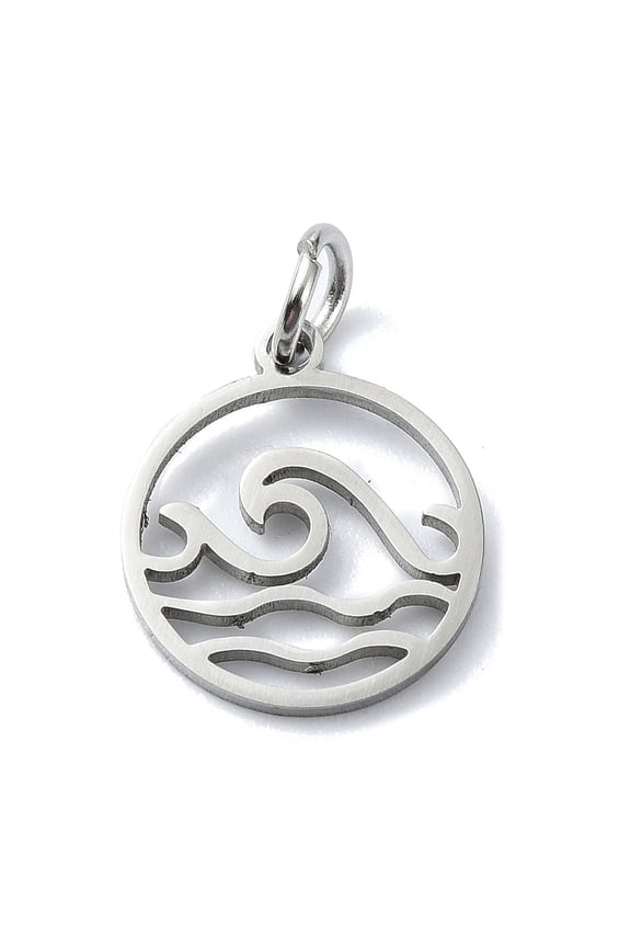 50pcs Non-Tarnish 304 Stainless Steel Charms with Jump Rings Hollow Flat Round with Wave Charm Stainless Steel color 13.5x11.5x0.5mm Hole: 3mm