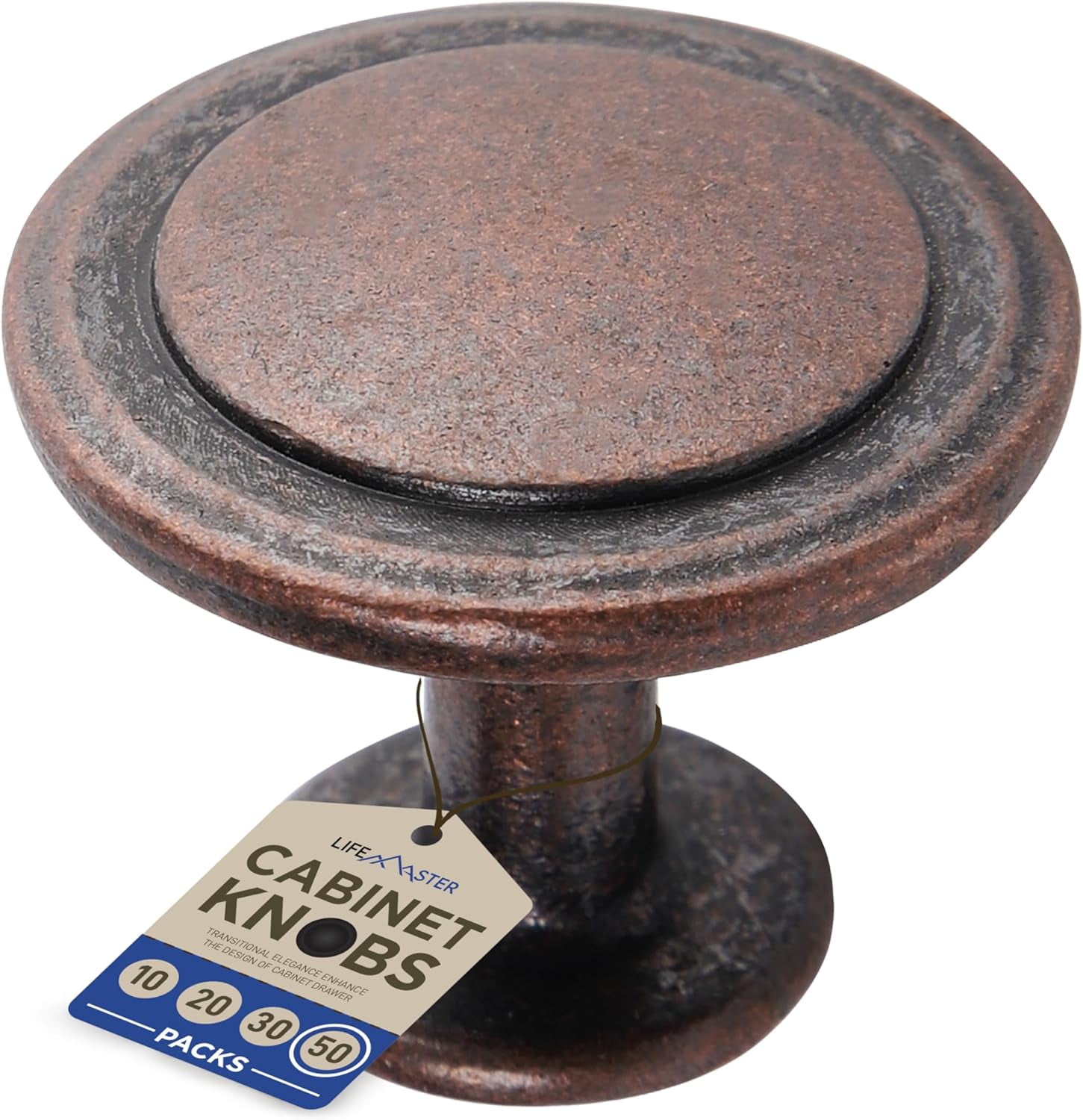 50pcs Oil Rubbed Bronze Cabinet Knobs – 1-1/4” Modern Drawer Pulls, Durable Zinc Alloy Handles with Short & Adjustable Screws for Kitchen, Dresser, Cabinets