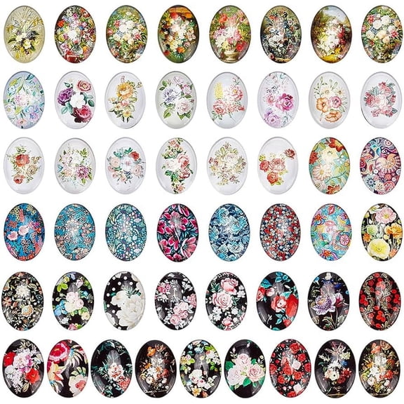 50pcs Oval Glass Cabochons 25x18mm Flower Printed Glass Cabochons Vintage Mixed Color Mosaic Tile for Craft Photo Pendant Earring Necklace Keychain Jewelry Making