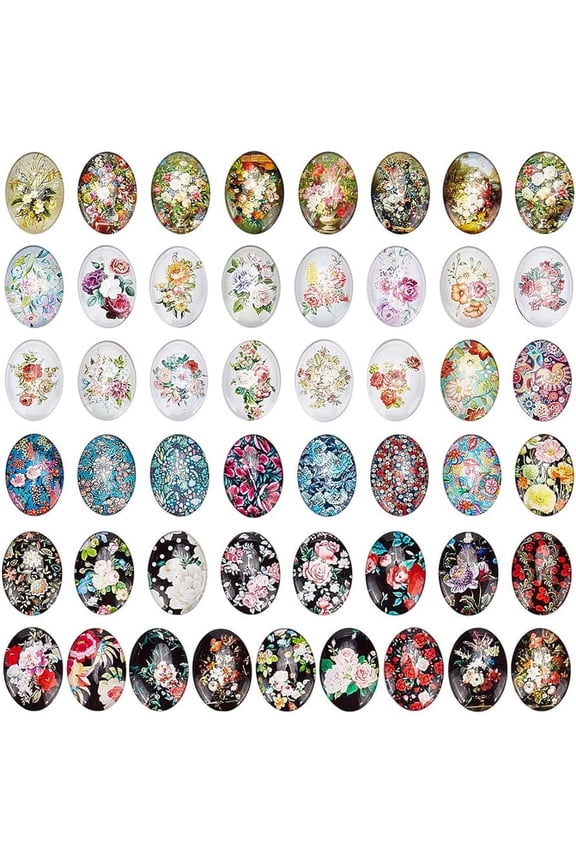 50pcs Oval Glass Cabochons 25x18mm Flower Printed Glass Cabochons Vintage Mixed Color Mosaic Tile for Craft Photo Pendant Earring Necklace Keychain Jewelry Making