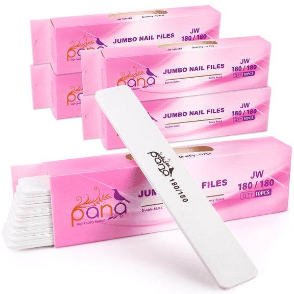 50pcs - PANA Jumbo Double-Sided Emery Nail File for Manicure, Pedicure, Natural, and Acrylic Nails - White (Grit 180/180)