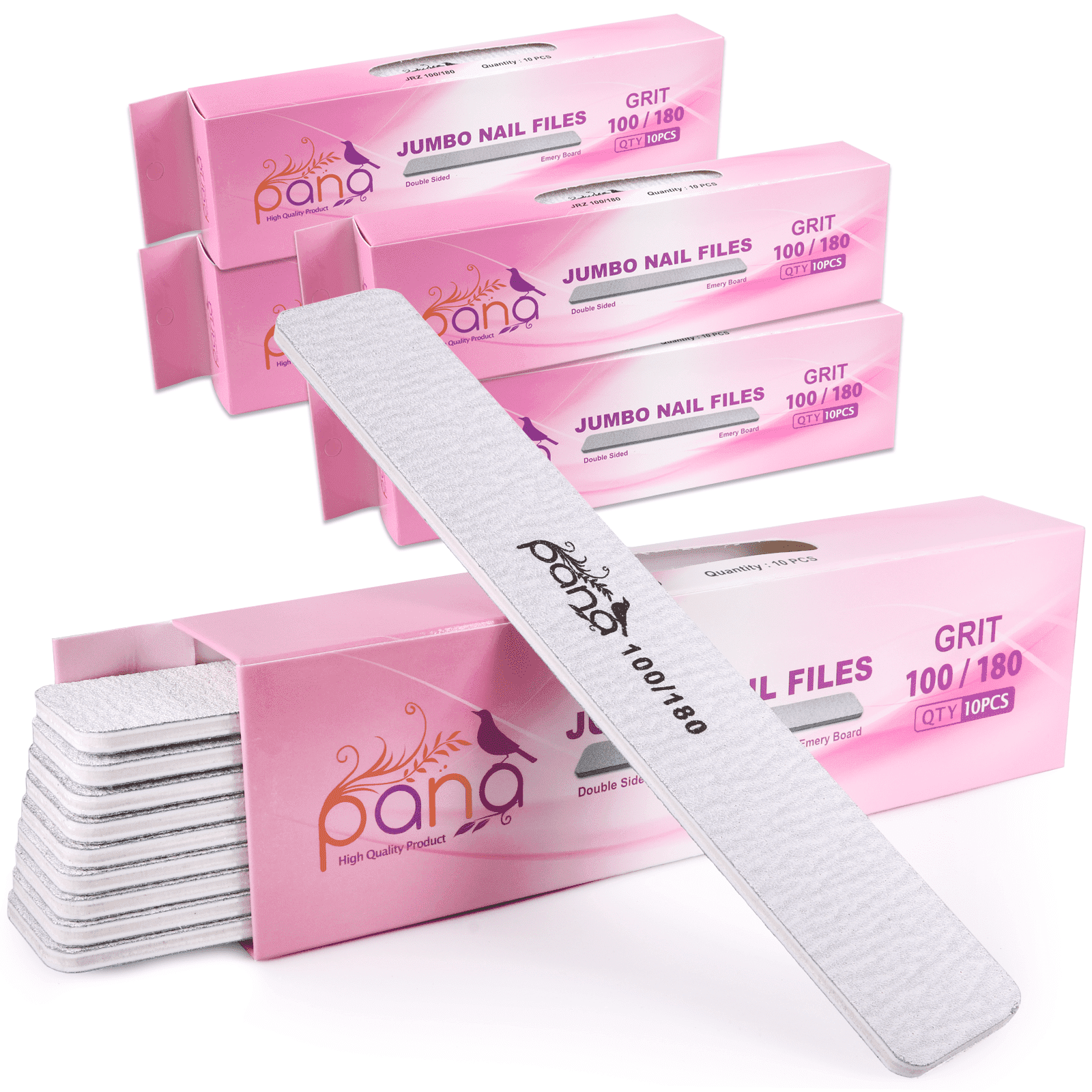 50pcs - PANA Jumbo Double-Sided Emery Nail File for Manicure, Pedicure, Natural, and Acrylic Nails - Zebra (Grit 100/180)