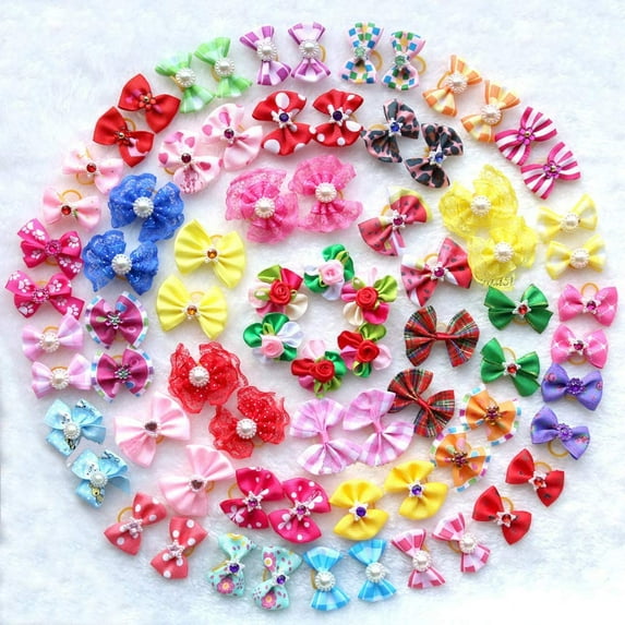 50pcs/Pack Dog Hair Bows Pairs Rhinestone Pearls Flowers Topknot Mix Styles Dog Bows Pet Grooming Products Mix Colors Pet Hair Bows Topknot Rubber Bands