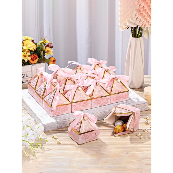 50pcs Pack Party Favor Gift Box Paper Candy Small Gift Box with Ribbon, Pink Gift Boxes for Birthday Wedding Shower