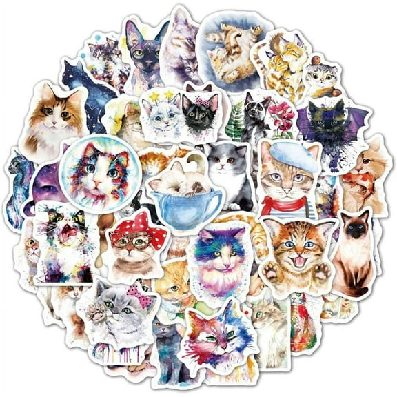 50pcs Painting Cats Kitten Waterproof Stickers for Water Bottles, Vinyl Aesthetic Colorful Ins Style Vsco Sticker Decals Or Laptop Skateboard Luggage Compartment (50pcs Watercolor Cat)