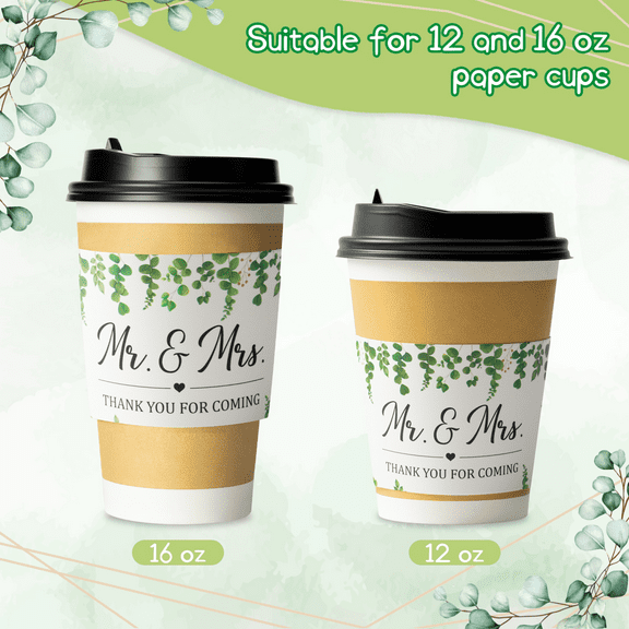 50pcs Paper Cup Sleeves, Eucalyptus Leaf Cup Holder for Wedding Engagement Anniversary Party