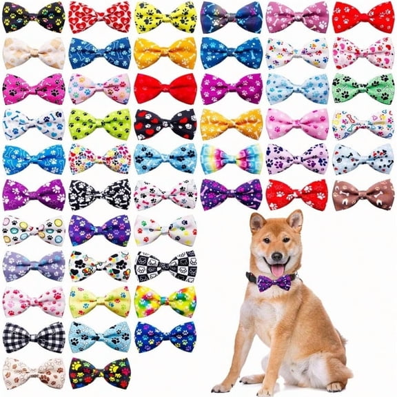 50pcs Paw Bone Printed Small Dogs Bowties Collar Attachment Bows Embellishment Medium Dog Puppies Cats Collar Charms Accories Bulk Slides Bow Ties for Birthday Wedding Parties M/L