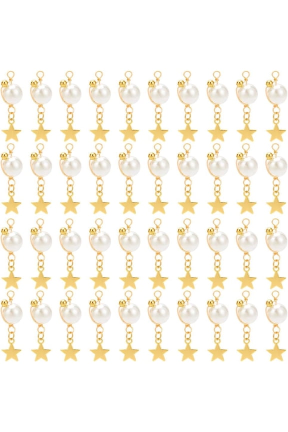 50pcs Pearl Charms Imitation Pearl Pendants with Golden Star Charms Wire Wrapped Pearls Pendant Bulk