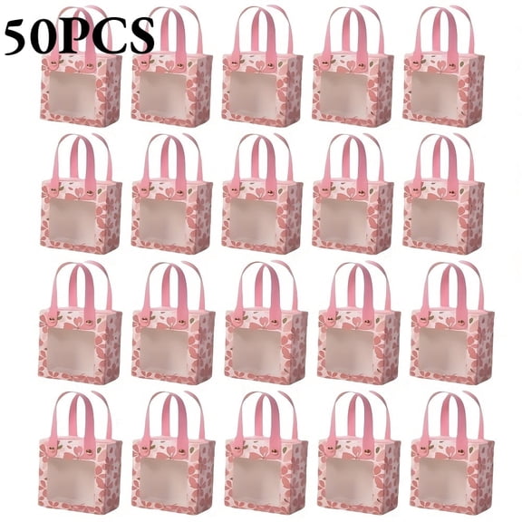 50pcs Pink Gift Boxes with Clear Window, Cherry Blossom Foil Paper Favor Boxes for Wedding, Party and Event Packaging, Mini Elegant Bulk Gift Boxes for Candy, Souvenirs and Decorative Presents