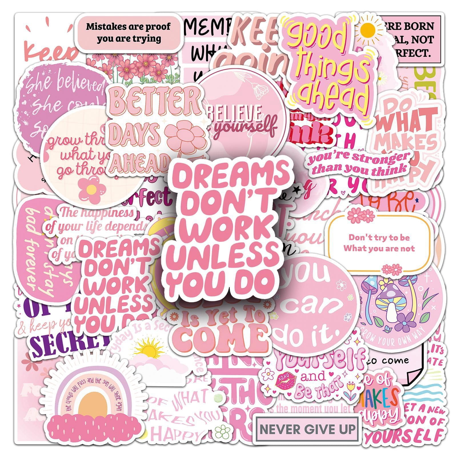 50pcs Pink Motivational Stickers for Girl, Positive Quote Waterproof ...