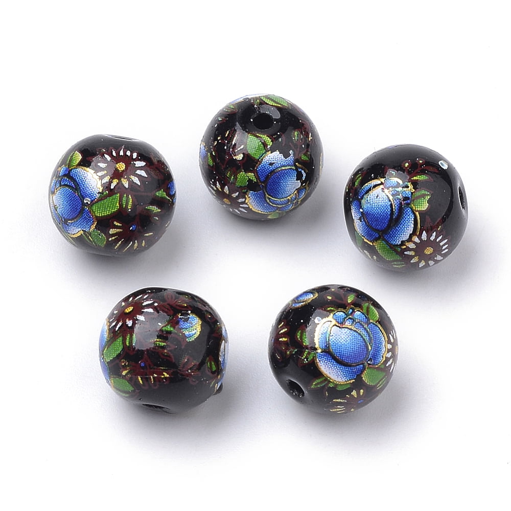 50pcs Printed Glass Beads Round with Flower Pattern Black 10x9mm Hole: 1.5mm